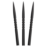 Three Shot Grip steel tip dart points in black fanned tip-up on a white background