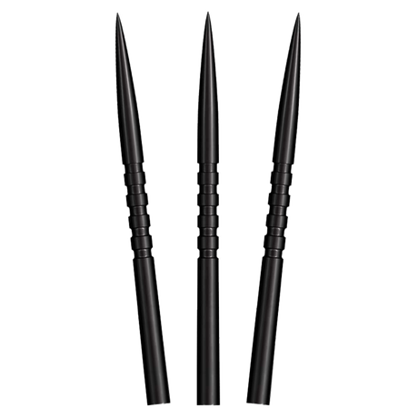 Three Shot Grip steel tip dart points in black fanned tip-up on a white background