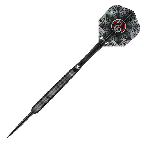 Torpedo-shaped tungsten dart with black grooved grip and detailed flight pattern, full product view on white background