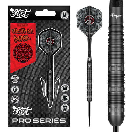 Haupai Puha 2.0 90% tungsten darts shown in packaging with detailed close-up of black barrel grip texture and geometric flight design