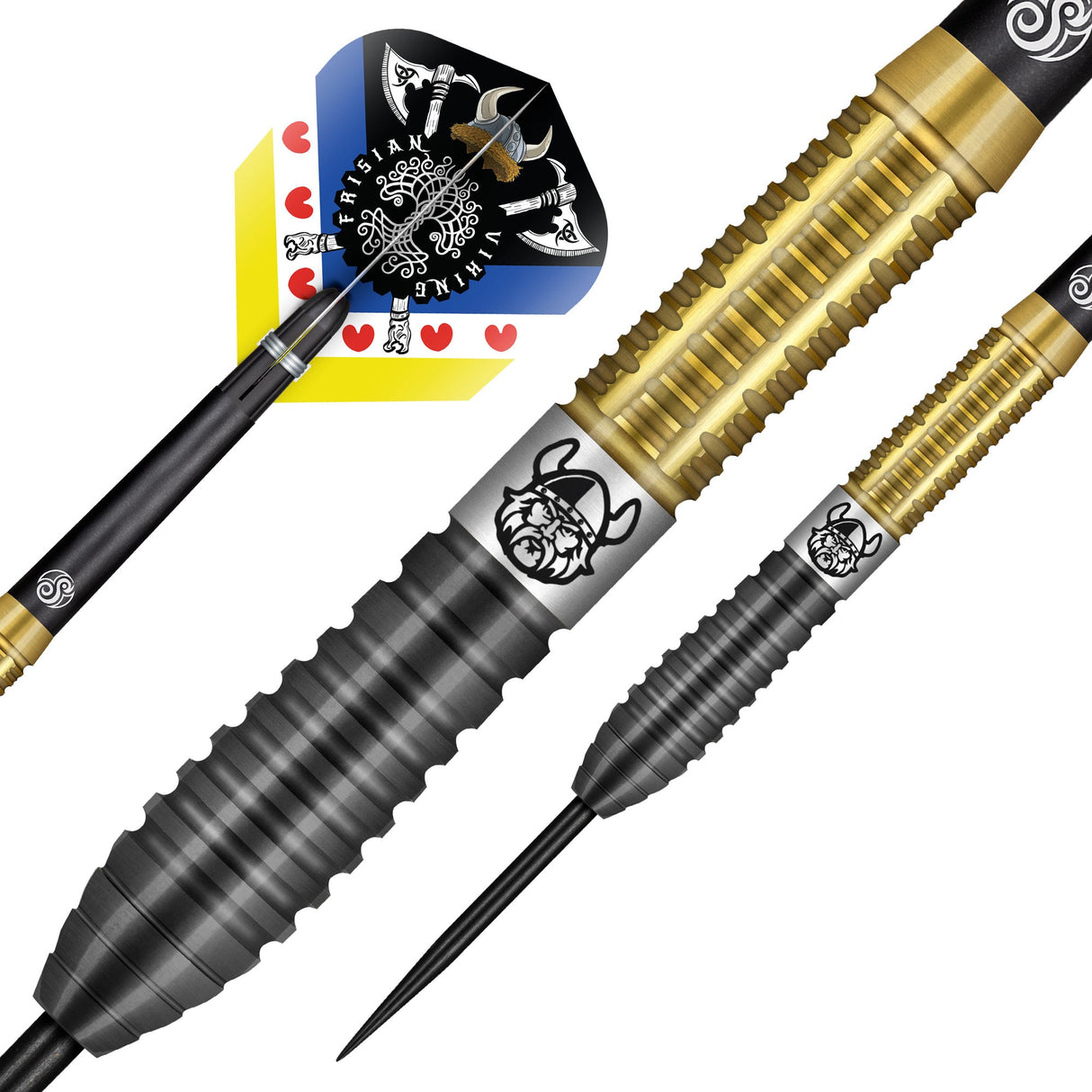 Close-up of 90% tungsten darts with gold and black barrel, viking engraving, steel tip, and unique flight design on white background