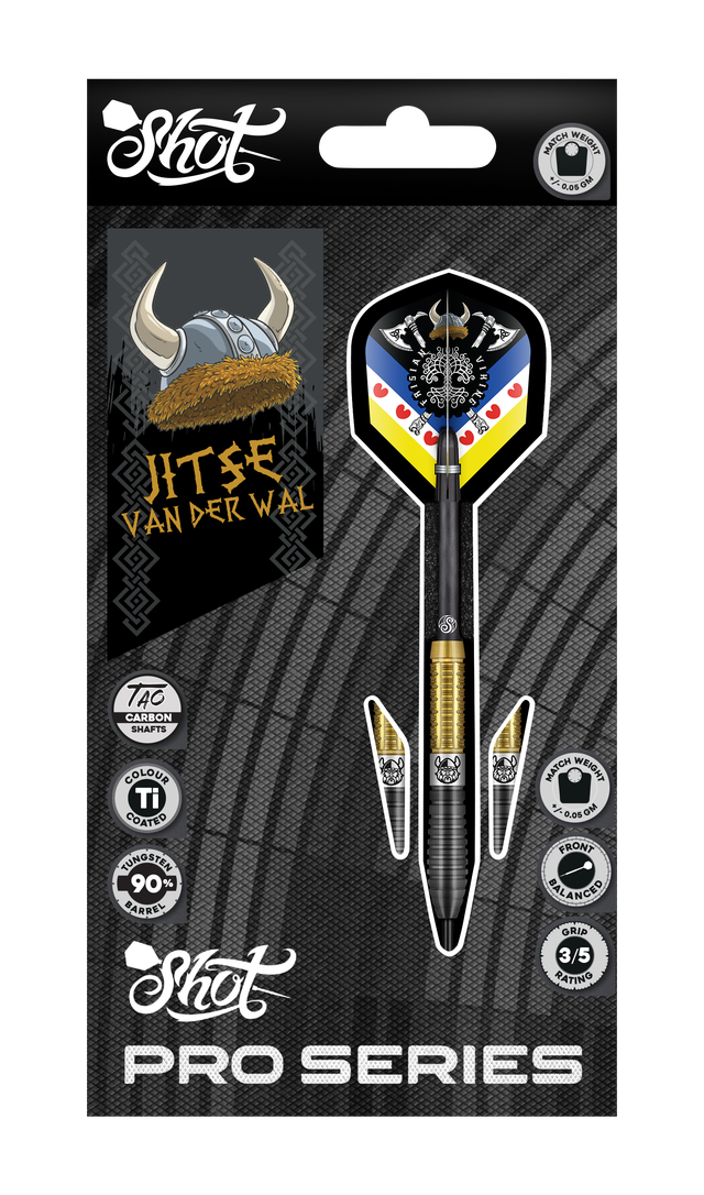 Jitse Van Der Wal 90% tungsten darts set in retail packaging, showing full dart design, titanium coating, and included flights on display.