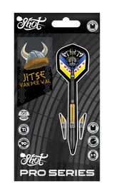 Jitse Van Der Wal 90% tungsten darts set in retail packaging, showing full dart design, titanium coating, and included flights on display.