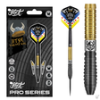 Pro Series 90% tungsten darts in retail packaging with close-up of gold and black barrel grip and Viking engraving, front display