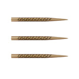 Three gold titanium dart points with precision grip engraving, isolated on white, steel tip darts accessories