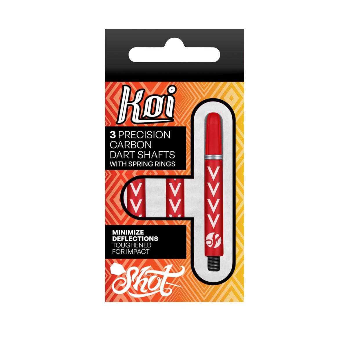 Shot Koi Carbon Michael Smith red dart shafts in retail packaging on a white background