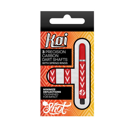 Shot Koi Carbon Michael Smith red dart shafts in retail packaging on a white background