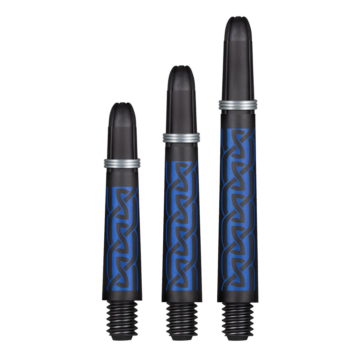 Three sizes of carbon pattern dart shafts with blue detailing and silver rings, arranged upright on white background