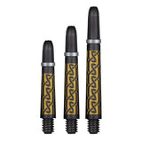 Three Koi carbon pattern dart shafts in small, medium, large sizes, upright on white background, highlighting gold tribal design and tapered tips