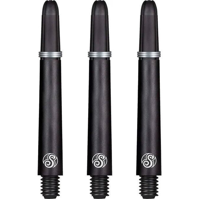 Three black carbon pattern dart shafts with silver rings shown front-facing, isolated on white, highlighting screw threads and durable taper design