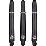 Three black carbon pattern dart shafts with silver rings shown front-facing, isolated on white, highlighting screw threads and durable taper design