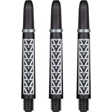 Three black Koi carbon dart shafts with silver geometric pattern, full product view on white background