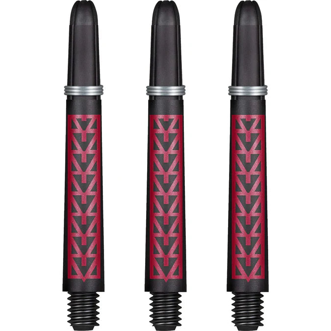 Three Koi carbon pattern dart shafts with red geometric design, full front view on white, showing screw threads and flight slots