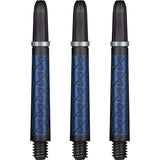 Three carbon dart shafts with blue patterned barrels, silver rings, and threaded tips, full product view on white background