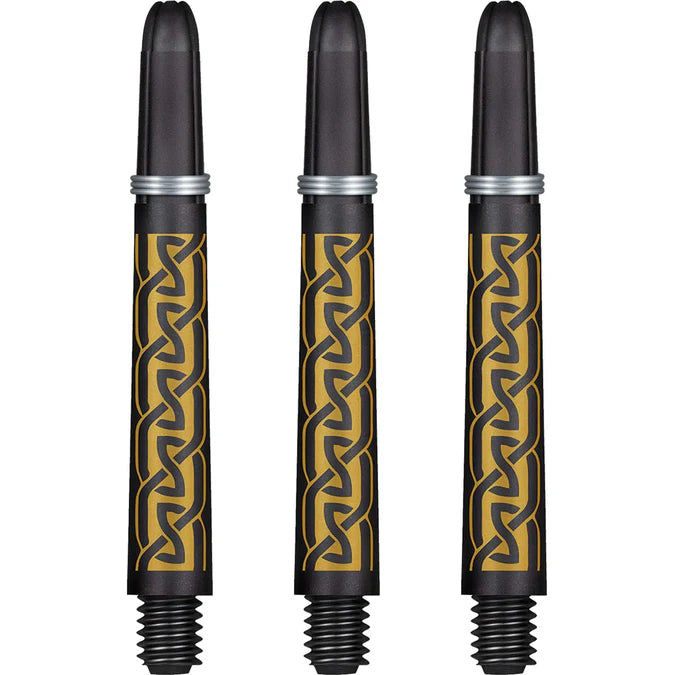 Set of three carbon pattern dart shafts in gold and black shown front-facing on white background, highlighting detailed grip design