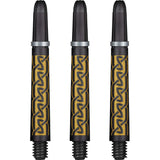 Set of three carbon pattern dart shafts in gold and black shown front-facing on white background, highlighting detailed grip design