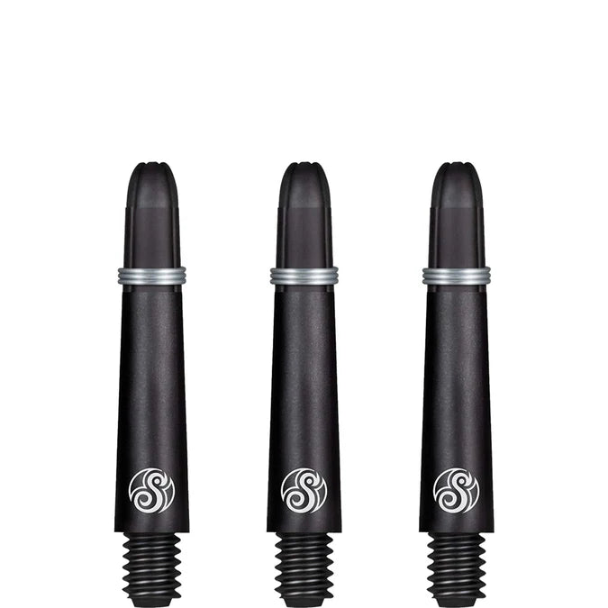 Three black carbon pattern dart shafts upright on white background, showing threaded base and silver flight rings