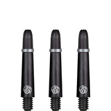 Three black carbon pattern dart shafts upright on white background, showing threaded base and silver flight rings