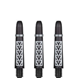 Three black carbon dart shafts with geometric pattern, threaded tips, and silver rings, full front view on white background