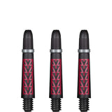 Three black Koi carbon pattern dart shafts aligned on white background, highlighting grip texture and silver rings for dart setup