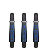 Three carbon pattern dart shafts with blue designs arranged upright on white background, showing detailed grip texture and threaded base
