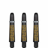 Three carbon pattern dart shafts with Koi gold design, full view, isolated on white background, showing threaded screw ends