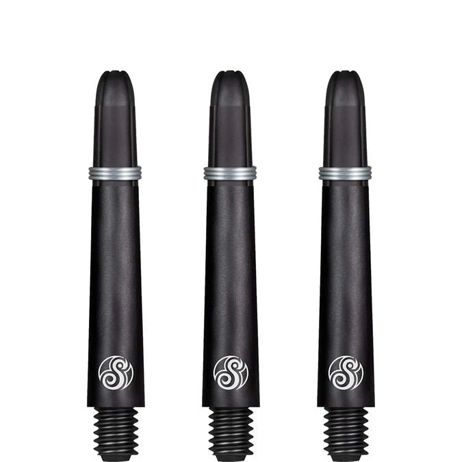 Three carbon dart shafts displayed vertically, full view on white background, showing reinforced tips and threaded bases
