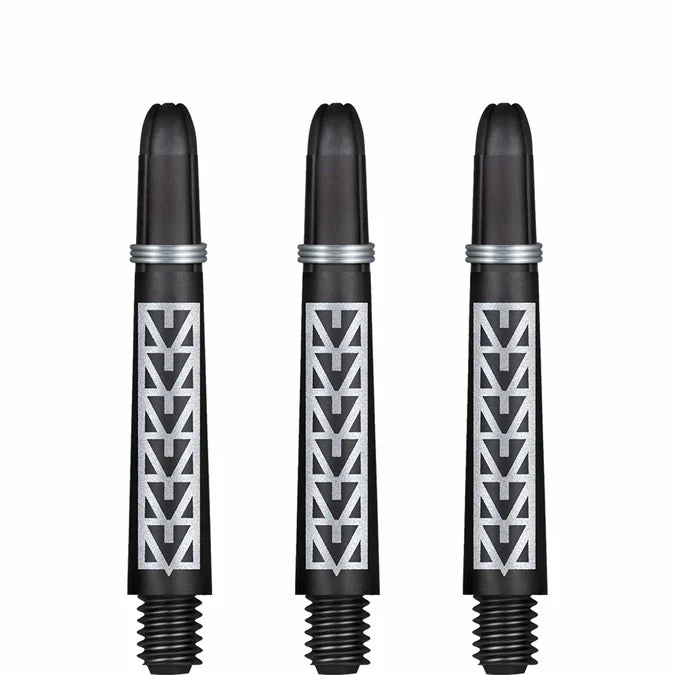 Three Koi carbon pattern dart shafts in a row, black with silver geometric design, showing threaded ends and fitted silver rings