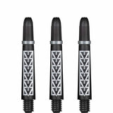 Three Koi carbon pattern dart shafts in a row, black with silver geometric design, showing threaded ends and fitted silver rings