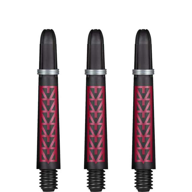 Three carbon pattern dart shafts in black and red, full front view, isolated on white, highlighting geometric grip design.