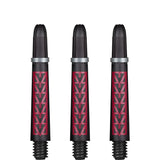 Three carbon pattern dart shafts in black and red, full front view, isolated on white, highlighting geometric grip design.