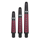 Three dart shafts with red carbon pattern in small, medium, and large sizes displayed upright on white background