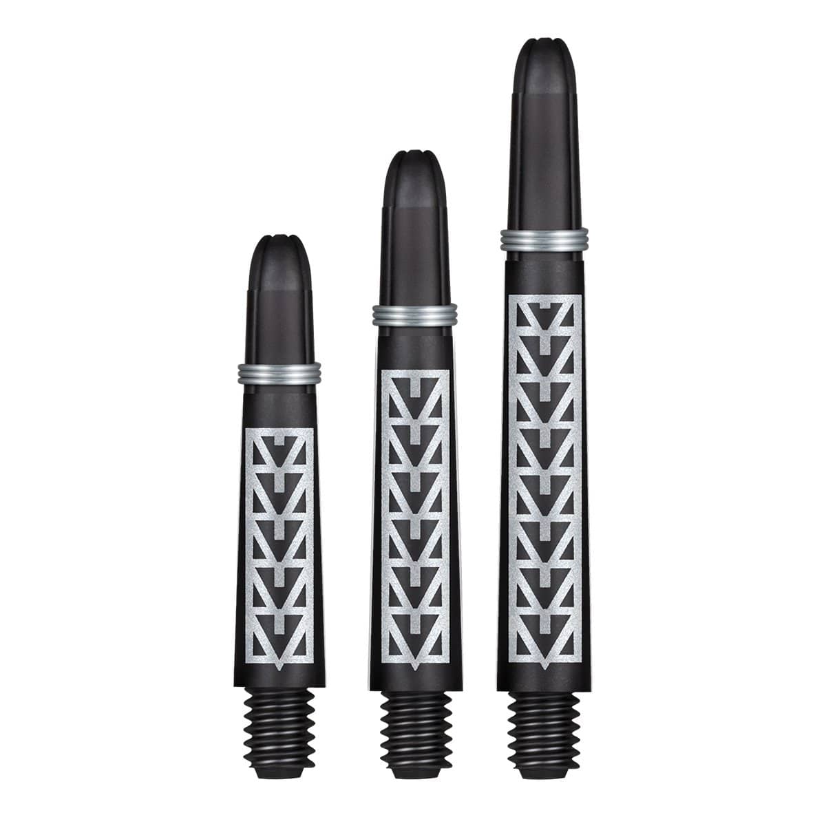 Three black dart shafts with silver carbon pattern and rings, different lengths, isolated on white background for dart accessories buyers