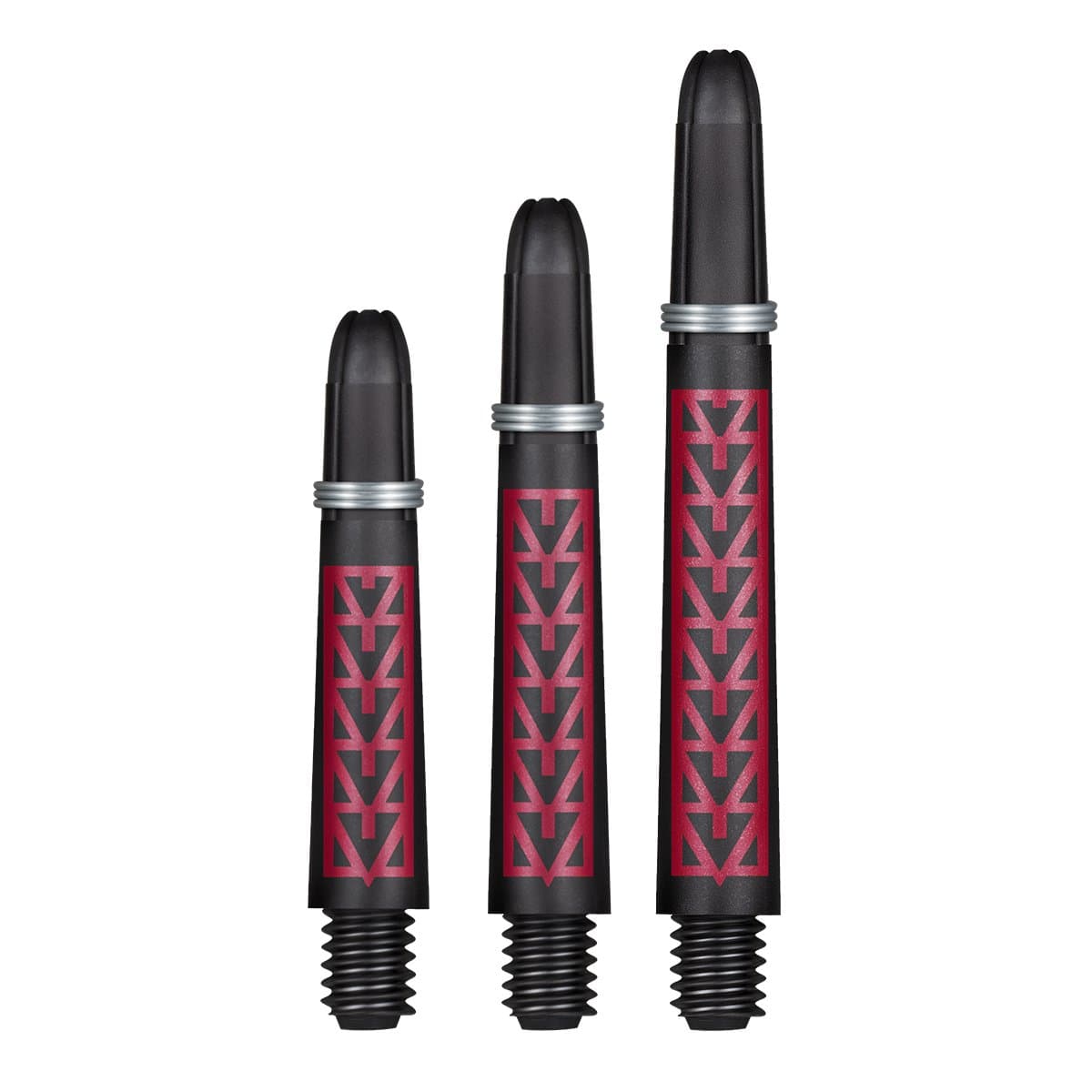 Three dart shafts in varying lengths with red carbon pattern, full frontal view on white background, threaded base and silver rings visible
