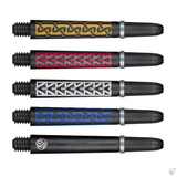 Five Koi carbon pattern dart shafts aligned on white, showing gold, red, silver, blue designs for dart accessories