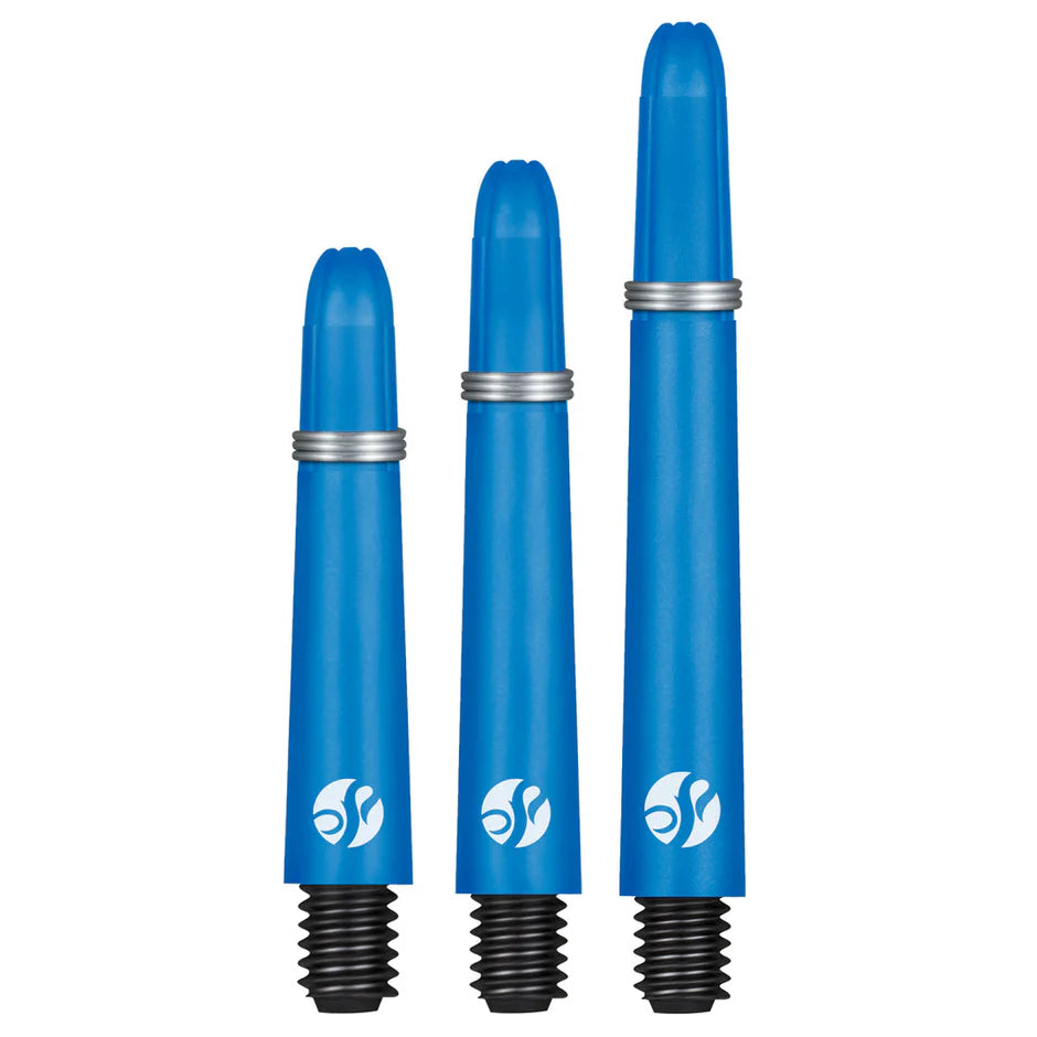 Three blue carbon dart shafts in small, medium, and large sizes upright on white background, highlighting two-pointed taper and ring grips