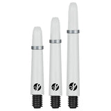 Three white carbon dart shafts in different lengths with black threads and ring grips, isolated on white for dart accessories
