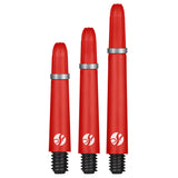 Three red carbon dart shafts in small, medium, and large sizes on white background, showing taper and silver flight rings