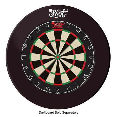 Black dartboard surround displayed top-down with dartboard inside, illustrating fit and wall protection for steel tip darts