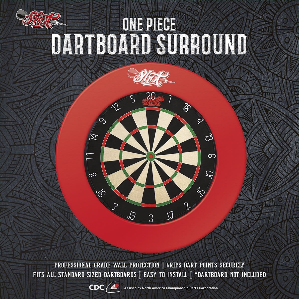 Red one-piece dartboard surround fully encircling a standard dartboard, front view highlighting fit and professional wall protection