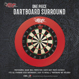 Red one-piece dartboard surround fully encircling a standard dartboard, front view highlighting fit and professional wall protection