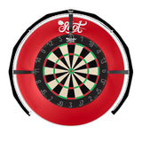 Top-down view of dartboard with LED light ring for shadowless 270° dartboard illumination, isolated on white background