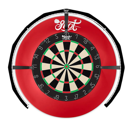 Top-down view of dartboard with LED light ring for shadowless 270° dartboard illumination, isolated on white background