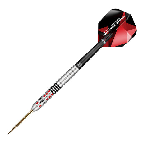 Angled full view of 90% tungsten dart with precision ringed barrel grip, red-black geometric flight, isolated on white background