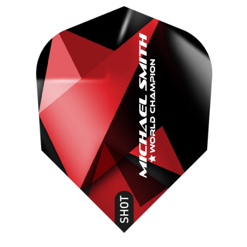 Shot Michael Smith Achieve standard dart flight upright on a white background, red and black design