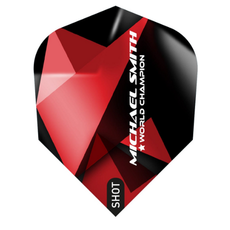 Shot Michael Smith Achieve standard dart flight upright on a white background, red and black design