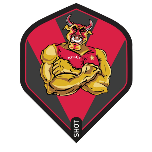 Shot Michael Smith Bully Boy Red No.2 dart flight upright on a white background, red and grey bull design