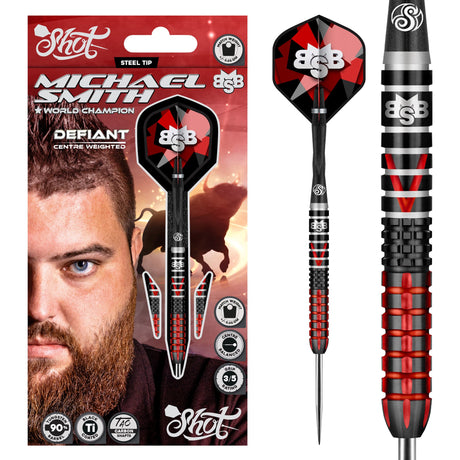 Steel tip tungsten dart set in retail packaging plus close-up of red and black grip barrel and geometric flight design