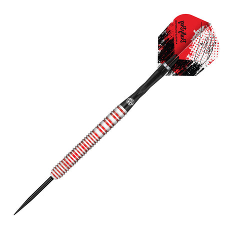 Single 90% tungsten dart with red grooved barrel, black shaft, textured steel point, and red-black signature flight on white background