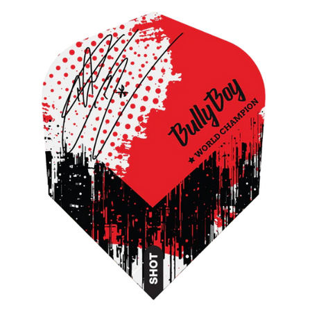 Close-up of dart flight with 'Bully Boy World Champion' text, signature graphic, bold red, black, and white pattern for dart enthusiasts